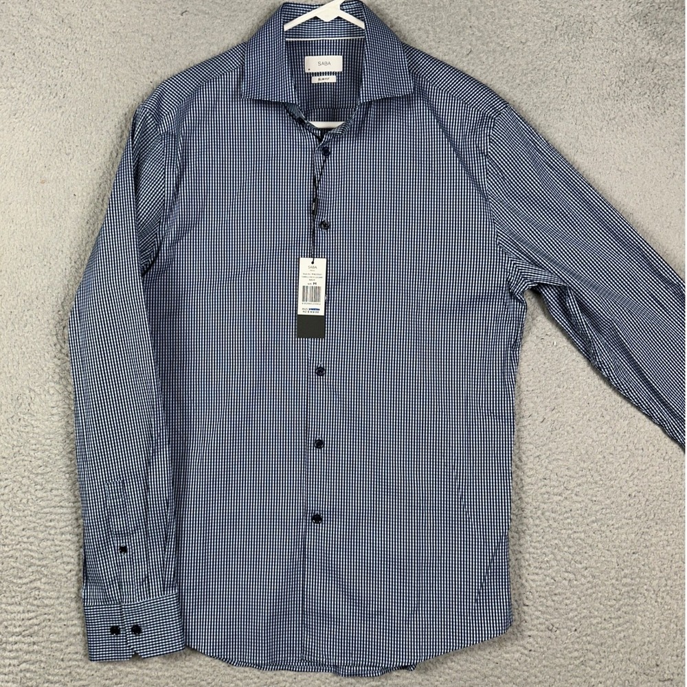 NEW SABA Shirt Mens Medium Navy Turrell Check Slim Fit Button Up Long Sleeve